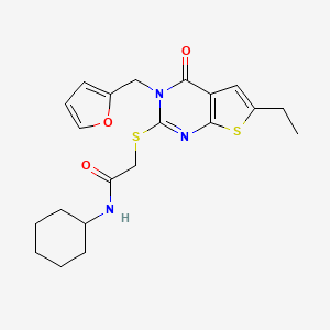 molecular formula C21H25N3O3S2 B2859798 N-cyclohexyl-2-({6-ethyl-3-[(furan-2-yl)methyl]-4-oxo-3H,4H-thieno[2,3-d]pyrimidin-2-yl}sulfanyl)acetamide CAS No. 717874-16-3