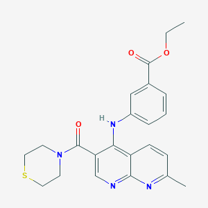 molecular formula C23H24N4O3S B2859855 Ethyl 3-((7-methyl-3-(thiomorpholine-4-carbonyl)-1,8-naphthyridin-4-yl)amino)benzoate CAS No. 1251676-73-9