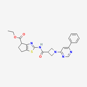 molecular formula C23H23N5O3S B2859860 ethyl 2-(1-(6-phenylpyrimidin-4-yl)azetidine-3-carboxamido)-5,6-dihydro-4H-cyclopenta[d]thiazole-4-carboxylate CAS No. 2034258-33-6