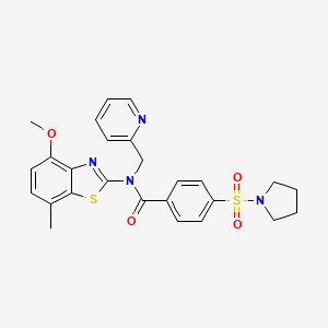 molecular formula C26H26N4O4S2 B2859973 N-(4-methoxy-7-methyl-1,3-benzothiazol-2-yl)-N-[(pyridin-2-yl)methyl]-4-(pyrrolidine-1-sulfonyl)benzamide CAS No. 922911-63-5