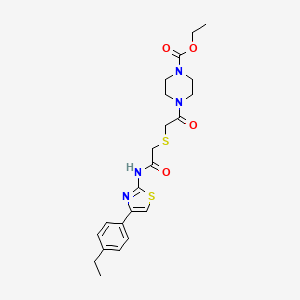 molecular formula C22H28N4O4S2 B2860397 Ethyl 4-(2-((2-((4-(4-ethylphenyl)thiazol-2-yl)amino)-2-oxoethyl)thio)acetyl)piperazine-1-carboxylate CAS No. 681222-50-4