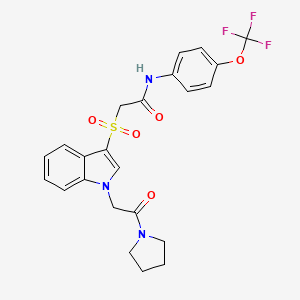 molecular formula C23H22F3N3O5S B2860398 2-((1-(2-oxo-2-(pyrrolidin-1-yl)ethyl)-1H-indol-3-yl)sulfonyl)-N-(4-(trifluoromethoxy)phenyl)acetamide CAS No. 878056-82-7