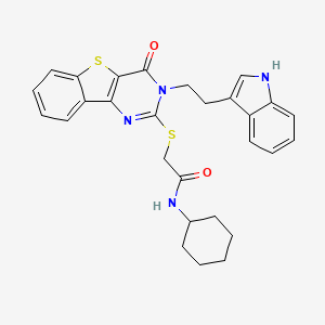 molecular formula C28H28N4O2S2 B2860404 N-cyclohexyl-2-({5-[2-(1H-indol-3-yl)ethyl]-6-oxo-8-thia-3,5-diazatricyclo[7.4.0.0^{2,7}]trideca-1(9),2(7),3,10,12-pentaen-4-yl}sulfanyl)acetamide CAS No. 866015-03-4