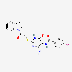 B2860605 N-(4-amino-2-((2-(indolin-1-yl)-2-oxoethyl)thio)-6-oxo-1,6-dihydropyrimidin-5-yl)-4-fluorobenzamide CAS No. 872597-08-5