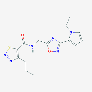 molecular formula C15H18N6O2S B2860685 N-((3-(1-ethyl-1H-pyrrol-2-yl)-1,2,4-oxadiazol-5-yl)methyl)-4-propyl-1,2,3-thiadiazole-5-carboxamide CAS No. 2034550-47-3