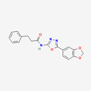 molecular formula C18H15N3O4 B2860727 N-(5-(benzo[d][1,3]dioxol-5-yl)-1,3,4-oxadiazol-2-yl)-3-phenylpropanamide CAS No. 922090-31-1