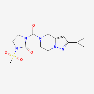 molecular formula C14H19N5O4S B2860730 1-(2-Cyclopropyl-4,5,6,7-tetrahydropyrazolo[1,5-a]pyrazine-5-carbonyl)-3-(methylsulfonyl)imidazolidin-2-one CAS No. 2034326-76-4