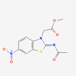 molecular formula C12H11N3O5S B2860821 methyl 2-[(2Z)-2-(acetylimino)-6-nitro-2,3-dihydro-1,3-benzothiazol-3-yl]acetate CAS No. 865198-33-0