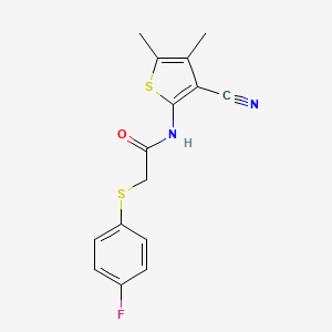 molecular formula C15H13FN2OS2 B2861103 N-(3-cyano-4,5-dimethylthiophen-2-yl)-2-((4-fluorophenyl)thio)acetamide CAS No. 896305-98-9