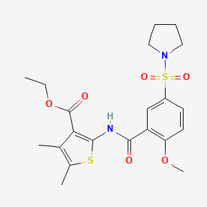 molecular formula C21H26N2O6S2 B2861168 Ethyl 2-(2-methoxy-5-(pyrrolidin-1-ylsulfonyl)benzamido)-4,5-dimethylthiophene-3-carboxylate CAS No. 496777-31-2