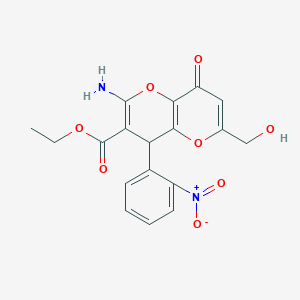 molecular formula C18H16N2O8 B2861309 ethyl 2-amino-6-(hydroxymethyl)-4-(2-nitrophenyl)-8-oxo-4H,8H-pyrano[3,2-b]pyran-3-carboxylate CAS No. 924832-27-9