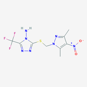 molecular formula C9H10F3N7O2S B2861322 3-{[(3,5-二甲基-4-硝基-1H-吡唑-1-基)甲基]硫代}-5-(三氟甲基)-4H-1,2,4-三唑-4-胺 CAS No. 957005-96-8