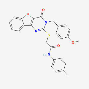 2-({5-[(4-methoxyphenyl)methyl]-6-oxo-8-oxa-3,5-diazatricyclo[7.4.0.0^{2,7}]trideca-1(9),2(7),3,10,12-pentaen-4-yl}sulfanyl)-N-(4-methylphenyl)acetamide