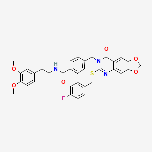 molecular formula C34H30FN3O6S B2861351 N-[2-(3,4-dimethoxyphenyl)ethyl]-4-[(6-{[(4-fluorophenyl)methyl]sulfanyl}-8-oxo-2H,7H,8H-[1,3]dioxolo[4,5-g]quinazolin-7-yl)methyl]benzamide CAS No. 688062-19-3