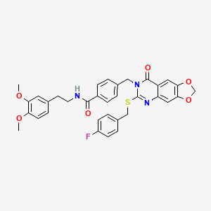 molecular formula C34H30FN3O6S B2861351 N-(3,4-dimethoxyphenethyl)-4-((6-((4-fluorobenzyl)thio)-8-oxo-[1,3]dioxolo[4,5-g]quinazolin-7(8H)-yl)methyl)benzamide CAS No. 688062-19-3