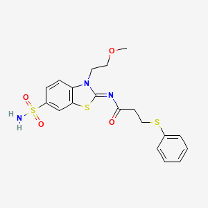 molecular formula C19H21N3O4S3 B2861372 (Z)-N-(3-(2-methoxyethyl)-6-sulfamoylbenzo[d]thiazol-2(3H)-ylidene)-3-(phenylthio)propanamide CAS No. 865174-44-3