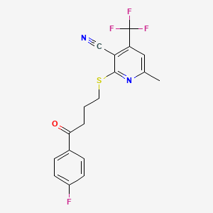 molecular formula C18H14F4N2OS B2861396 2-((4-(4-Fluorophenyl)-4-oxobutyl)thio)-6-methyl-4-(trifluoromethyl)nicotinonitrile CAS No. 905784-87-4