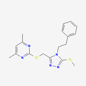 molecular formula C18H21N5S2 B2861407 4,6-dimethyl-2-(((5-(methylthio)-4-phenethyl-4H-1,2,4-triazol-3-yl)methyl)thio)pyrimidine CAS No. 868222-00-8
