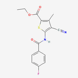 molecular formula C16H13FN2O3S B2861436 乙酸 4-氰基-5-(4-氟苯甲酰氨基)-3-甲基硫代吲啶-2-甲酸酯 CAS No. 570417-26-4