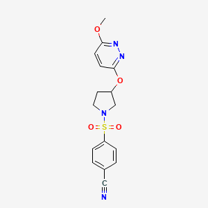 molecular formula C16H16N4O4S B2861444 4-((3-((6-甲氧基吡嘧啶-3-基)氧基)吡咯烷-1-基)磺酰基)苯甲腈 CAS No. 2034249-54-0