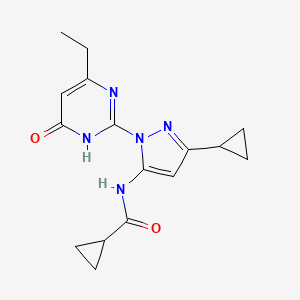 molecular formula C16H19N5O2 B2861495 N-(3-cyclopropyl-1-(4-ethyl-6-oxo-1,6-dihydropyrimidin-2-yl)-1H-pyrazol-5-yl)cyclopropanecarboxamide CAS No. 1207053-23-3