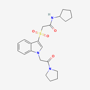 molecular formula C21H27N3O4S B2861499 N-cyclopentyl-2-((1-(2-oxo-2-(pyrrolidin-1-yl)ethyl)-1H-indol-3-yl)sulfonyl)acetamide CAS No. 878057-10-4