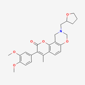 molecular formula C25H27NO6 B2861504 3-(3,4-dimethoxyphenyl)-4-methyl-9-((tetrahydrofuran-2-yl)methyl)-9,10-dihydrochromeno[8,7-e][1,3]oxazin-2(8H)-one CAS No. 946235-21-8
