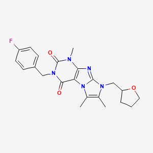 molecular formula C22H24FN5O3 B2861561 2-[(4-Fluorophenyl)methyl]-4,7,8-trimethyl-6-(oxolan-2-ylmethyl)purino[7,8-a]imidazole-1,3-dione CAS No. 876674-89-4