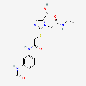 molecular formula C18H23N5O4S B2861694 N-(3-acetamidophenyl)-2-({1-[(ethylcarbamoyl)methyl]-5-(hydroxymethyl)-1H-imidazol-2-yl}sulfanyl)acetamide CAS No. 923122-32-1