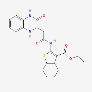 molecular formula C21H23N3O4S B2861709 Ethyl 2-(2-(3-oxo-1,2,3,4-tetrahydroquinoxalin-2-yl)acetamido)-4,5,6,7-tetrahydrobenzo[b]thiophene-3-carboxylate CAS No. 380872-69-5