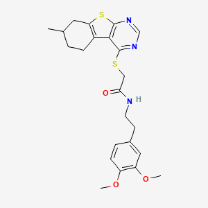 molecular formula C23H27N3O3S2 B2861783 N-[2-(3,4-dimethoxyphenyl)ethyl]-2-({11-methyl-8-thia-4,6-diazatricyclo[7.4.0.0^{2,7}]trideca-1(9),2(7),3,5-tetraen-3-yl}sulfanyl)acetamide CAS No. 457640-44-7