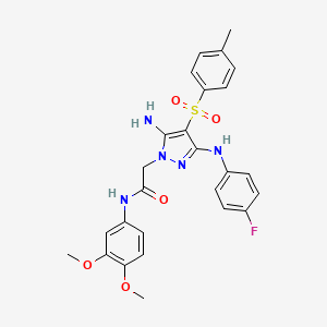 molecular formula C26H26FN5O5S B2861815 2-(5-amino-3-((4-fluorophenyl)amino)-4-tosyl-1H-pyrazol-1-yl)-N-(3,4-dimethoxyphenyl)acetamide CAS No. 2034519-61-2
