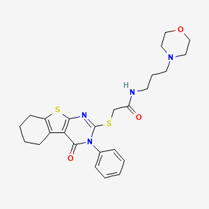 molecular formula C25H30N4O3S2 B2861936 N-[3-(morpholin-4-yl)propyl]-2-({3-oxo-4-phenyl-8-thia-4,6-diazatricyclo[7.4.0.0^{2,7}]trideca-1(9),2(7),5-trien-5-yl}sulfanyl)acetamide CAS No. 325693-63-8