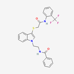 molecular formula C26H22F3N3O2S B2862217 N-(2-(3-((2-oxo-2-((2-(trifluoromethyl)phenyl)amino)ethyl)thio)-1H-indol-1-yl)ethyl)benzamide CAS No. 532969-68-9