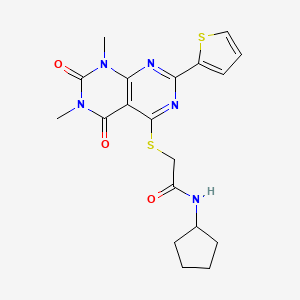 molecular formula C19H21N5O3S2 B2862232 N-cyclopentyl-2-((6,8-dimethyl-5,7-dioxo-2-(thiophen-2-yl)-5,6,7,8-tetrahydropyrimido[4,5-d]pyrimidin-4-yl)thio)acetamide CAS No. 847191-92-8