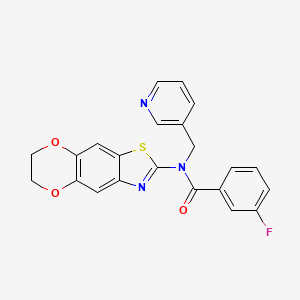 molecular formula C22H16FN3O3S B2862241 N-(6,7-dihydro-[1,4]dioxino[2,3-f][1,3]benzothiazol-2-yl)-3-fluoro-N-(pyridin-3-ylmethyl)benzamide CAS No. 895022-83-0