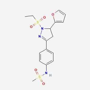 molecular formula C16H19N3O5S2 B2862421 N-{4-[1-(ethanesulfonyl)-5-(furan-2-yl)-4,5-dihydro-1H-pyrazol-3-yl]phenyl}methanesulfonamide CAS No. 851780-94-4