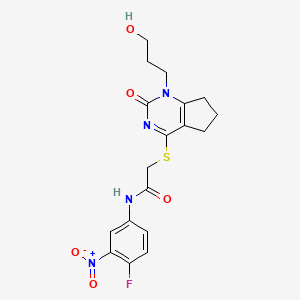 molecular formula C18H19FN4O5S B2862459 N-(4-fluoro-3-nitrophenyl)-2-((1-(3-hydroxypropyl)-2-oxo-2,5,6,7-tetrahydro-1H-cyclopenta[d]pyrimidin-4-yl)thio)acetamide CAS No. 941920-41-8