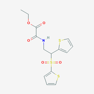 molecular formula C14H15NO5S3 B2862526 Ethyl 2-oxo-2-((2-(thiophen-2-yl)-2-(thiophen-2-ylsulfonyl)ethyl)amino)acetate CAS No. 896337-12-5