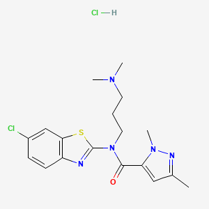 molecular formula C18H23Cl2N5OS B2862721 N-(6-chloro-1,3-benzothiazol-2-yl)-N-[3-(dimethylamino)propyl]-1,3-dimethyl-1H-pyrazole-5-carboxamide hydrochloride CAS No. 1215315-90-4