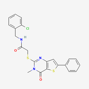 molecular formula C22H18ClN3O2S2 B2863033 N-[(2-chlorophenyl)methyl]-2-({3-methyl-4-oxo-6-phenyl-3H,4H-thieno[3,2-d]pyrimidin-2-yl}sulfanyl)acetamide CAS No. 1105198-50-2