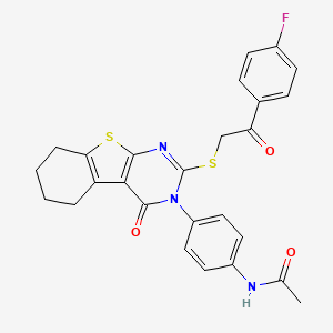 molecular formula C26H22FN3O3S2 B2863039 N-[4-(5-{[2-(4-fluorophenyl)-2-oxoethyl]sulfanyl}-3-oxo-8-thia-4,6-diazatricyclo[7.4.0.0^{2,7}]trideca-1(9),2(7),5-trien-4-yl)phenyl]acetamide CAS No. 380342-89-2
