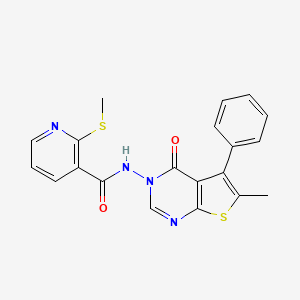 molecular formula C20H16N4O2S2 B2863203 N-{6-methyl-4-oxo-5-phenyl-3H,4H-thieno[2,3-d]pyrimidin-3-yl}-2-(methylsulfanyl)pyridine-3-carboxamide CAS No. 1090915-30-2