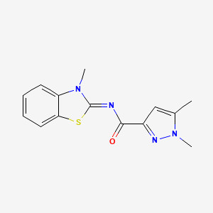molecular formula C14H14N4OS B2863276 1,5-二甲基-N-(3-甲基苯并[d]噻唑-2(3H)-亚甲基)-1H-吡唑-3-甲酰胺 CAS No. 1019105-75-9