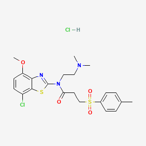 molecular formula C22H27Cl2N3O4S2 B2863357 N-(7-CHLORO-4-METHOXY-1,3-BENZOTHIAZOL-2-YL)-N-[2-(DIMETHYLAMINO)ETHYL]-3-(4-METHYLBENZENESULFONYL)PROPANAMIDE HYDROCHLORIDE CAS No. 1177811-80-1