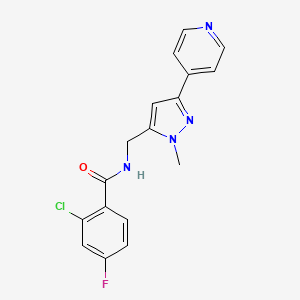 molecular formula C17H14ClFN4O B2863489 2-Chloro-4-fluoro-N-[(2-methyl-5-pyridin-4-ylpyrazol-3-yl)methyl]benzamide CAS No. 2320891-61-8