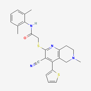 molecular formula C24H24N4OS2 B2863501 2-[(3-cyano-6-methyl-4-thiophen-2-yl-7,8-dihydro-5H-1,6-naphthyridin-2-yl)sulfanyl]-N-(2,6-dimethylphenyl)acetamide CAS No. 496804-97-8
