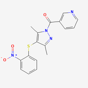 molecular formula C17H14N4O3S B2863517 (3,5-dimethyl-4-((2-nitrophenyl)thio)-1H-pyrazol-1-yl)(pyridin-3-yl)methanone CAS No. 442654-17-3