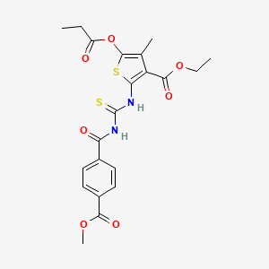 molecular formula C21H22N2O7S2 B2863554 ethyl 2-[({[4-(methoxycarbonyl)phenyl]formamido}methanethioyl)amino]-4-methyl-5-(propanoyloxy)thiophene-3-carboxylate CAS No. 477509-21-0