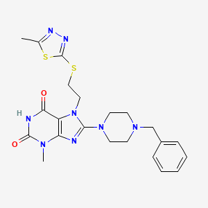 molecular formula C22H26N8O2S2 B2863589 8-(4-benzylpiperazin-1-yl)-3-methyl-7-{2-[(5-methyl-1,3,4-thiadiazol-2-yl)sulfanyl]ethyl}-2,3,6,7-tetrahydro-1H-purine-2,6-dione CAS No. 850914-37-3